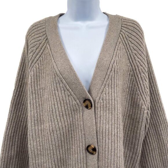 H&M Rib Knit Wool Button Front Loose Oversized Fit Cardigan Sweater Top Taupe - Picture 5 of 8